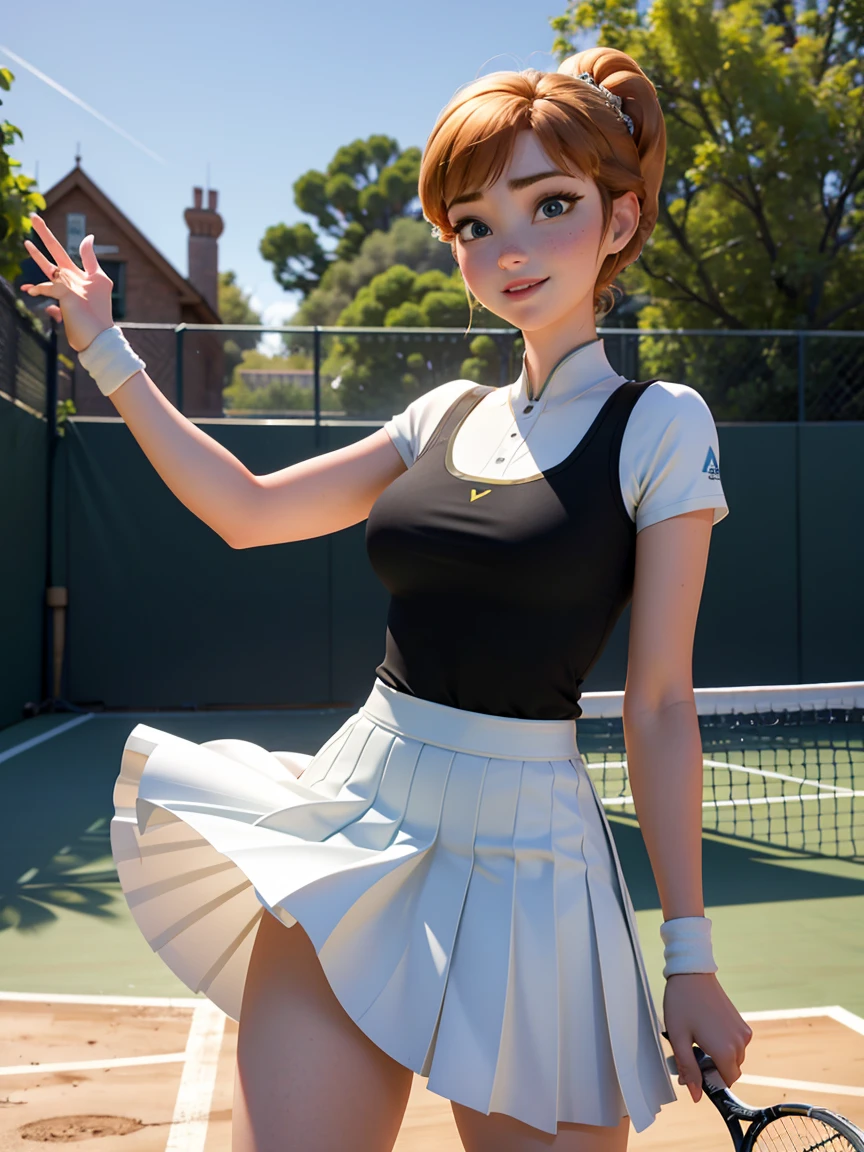 Photo of anna of Arendelle as a tennis player, Tennis court, tennis wear, tennis costume, action: Play tennis, disney movies「frozen」anna, expensive and sexy, amazing face, perfect body, provocative, nice, show your chest, huge breasts, expensive, sexy legs, bursting huge breasts, wide hips, big breasts, sexy, huge breasts, Happy.Lift up your skirt and show off your undercoat、sweaty、lewd smile、A woman inviting a man to have sex、super mini skirt