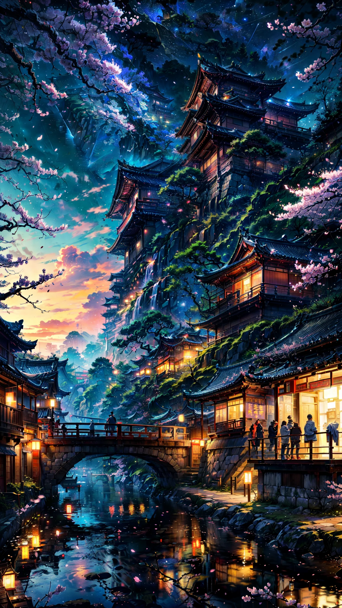 (masterpiece, best quality:1.2), (\sai bo gu feng\), landscape, no humans, tree, Sky, night, Star \(Sky\), Outdoor sports, architecture, night Sky, east asian architecture, reflection, Starry Sky, building, water, bridge, Cherry blossoms, railing,