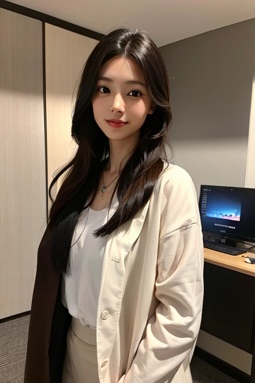 woman, (白衣を着たwoman医師:1.4)、40 years old、Beauty、Elegant hairstyle、Brown long hair、(Realistic), (Hyperrealism), (photoRealistic), Depth of written boundary, Cowboy Shot, (Tight waist:0.7), Looking at the audience, Walking towards here、Smiling、hospital、(Realistic), (Hyperrealism), (photoRealistic), Depth of written boundary,