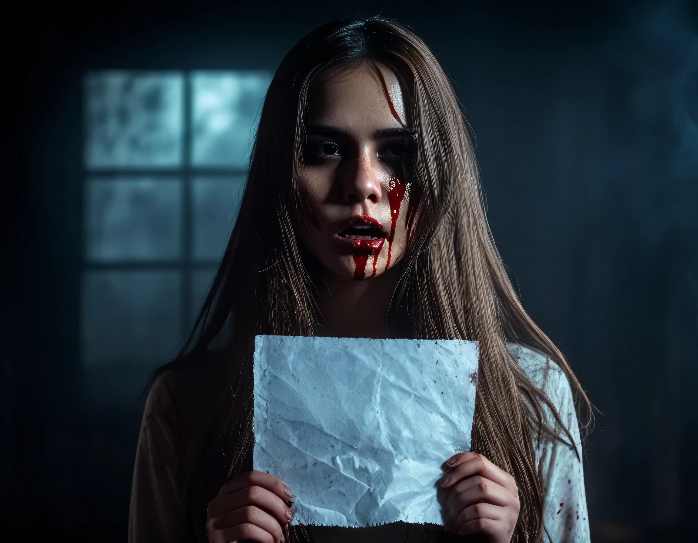 The image shows a ghostly figure of a young woman with long hair with a damaged face covered in very scary blood, standing facing the camera, holding paper that says "Selamat Kepada Para Pemenang", eerie dark background with smoke and fog effects, super bokeh, 32k ultra hd, ultra realistic , ultra details, masterpiece.