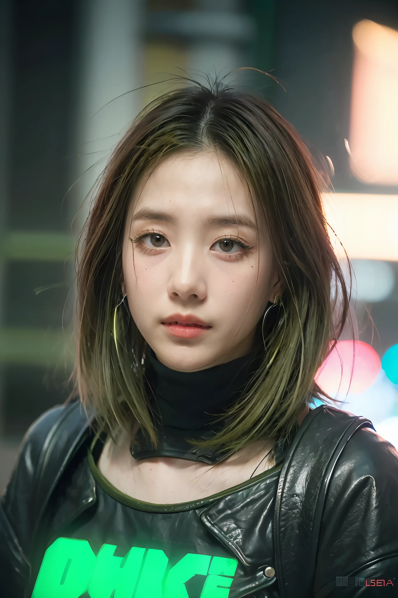 (fotorrealista:1.4), (Mejor calidad:1.0), (Ultraresolution:1.0), (8K, foto cruda), (Obra maestra:0.2), retrato, enfoque facial,
(cyber_Jawlesask, mechanical parts, Cybernetics, 1 chica, asian girl, chaqueta, (pelo largo:1.5), (pelo verde:1.5),
Fondo de la calle Cyberpunk, (neon: 1.2),