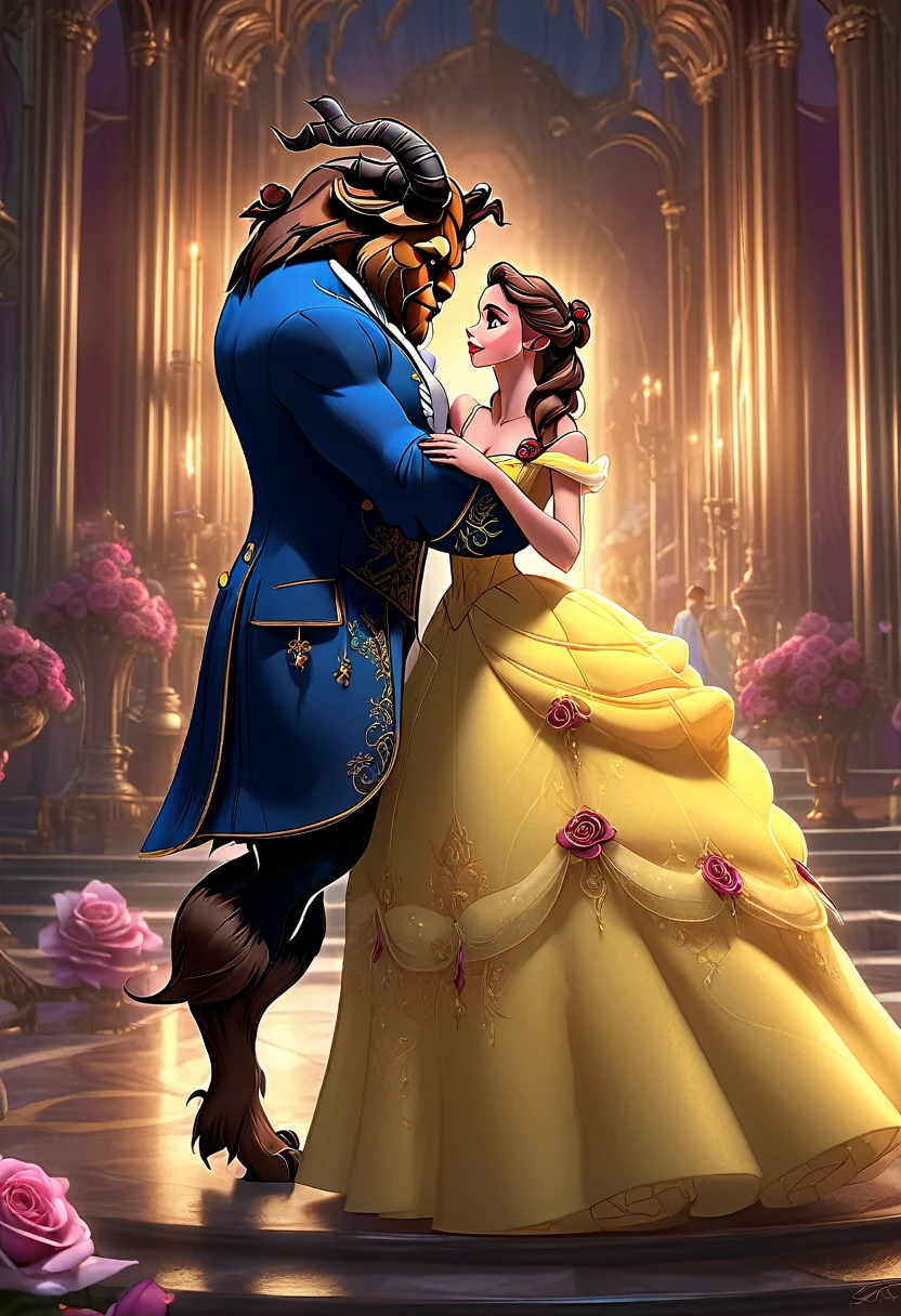 ((full body, full shot:1.4)), ((beauty and the beast:1.5)), beautiful detailed eyes, beautiful detailed lips, extremely detailed eyes and face, long eyelashes, 1 girl in princess dress, 1 boy half wild dog, in suit elegant, fantasy, cartoon, cinematic lighting, hyper detailed, 8k, highly detailed, masterpiece, photorealistic, vivid colors, intricate details, atmospheric lighting, dramatic lighting, fantasy art, digital painting, matte painting