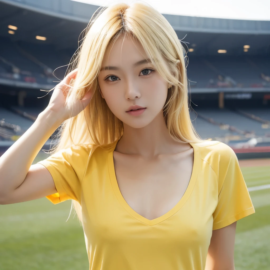 masterpiece, best quality, perfect anatomy, Japanese female, blonde hair, (flat chest:1.4), yellow T-shirt, at baseball stadium