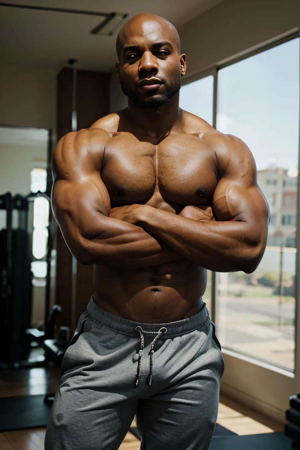 Bald Nubian, brown skin, insane detail, lean muscular build, athletic pose arms crossed, wearing joggers, just finished workout