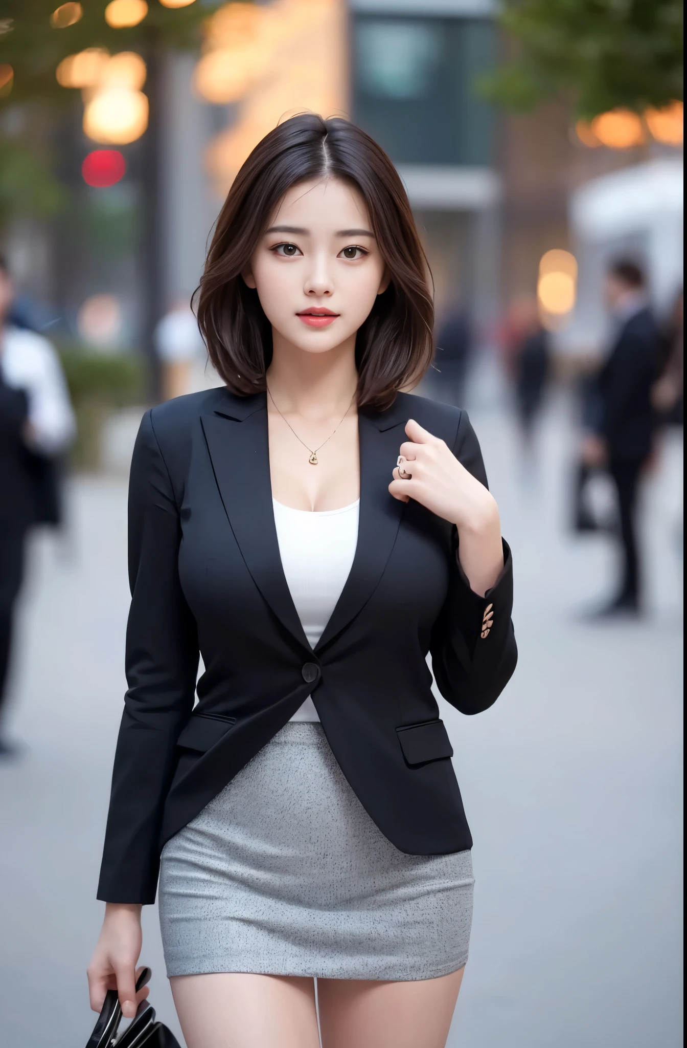 best quality, masterpiece, 1girl, Beautiful face, (photo realistic:1.3), rim lighting, (high detailed skin:1.2), 8k uhd, dslr, high quality, high resolution, 4k, 8k, Bokeh, absurdres, best ratio four finger and one thumb, (realistic:1.3), cute 1girl, wearing black formal blazer, medium breasts, short skirt,