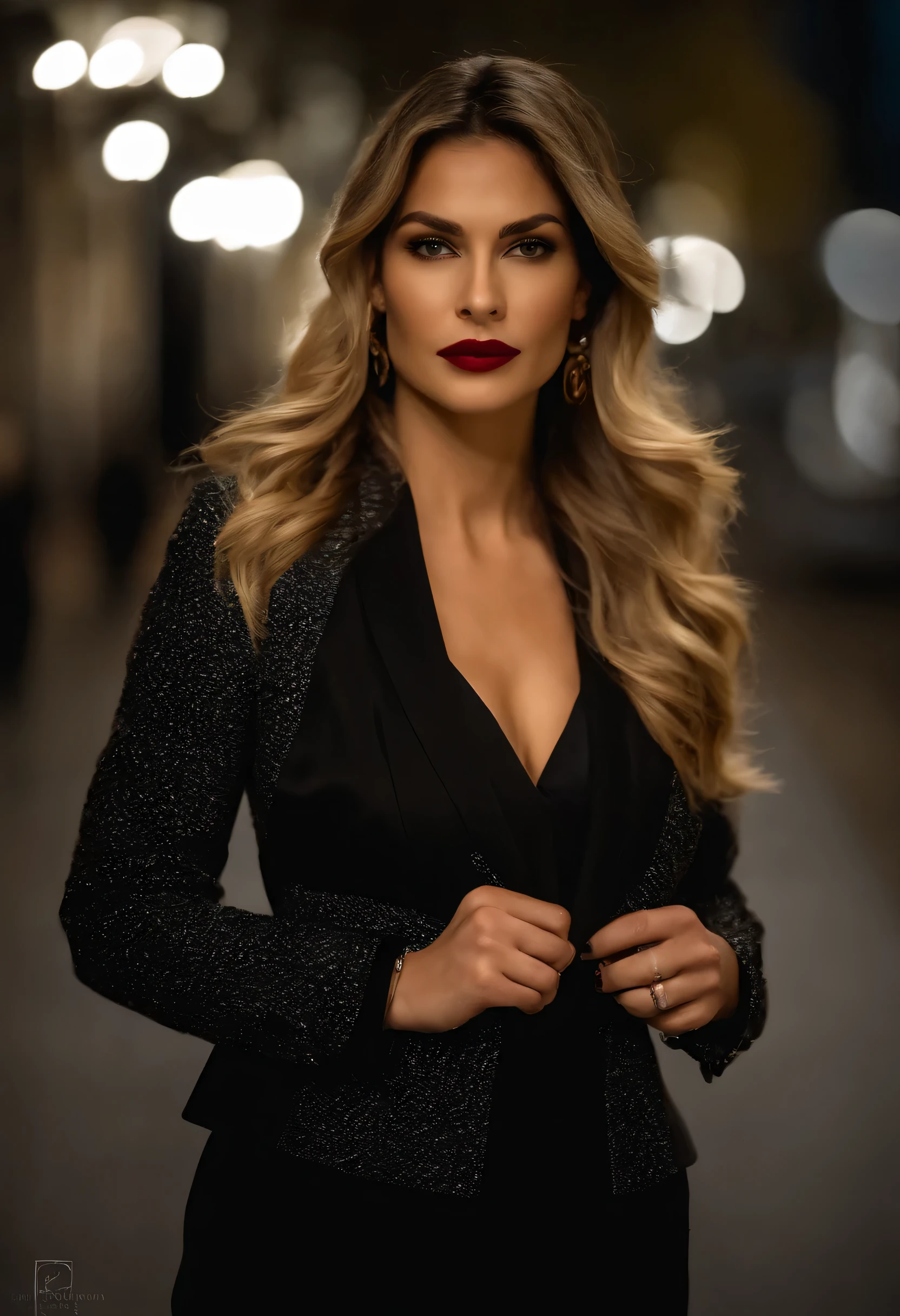 Usar minha foto carregada, escuro e sombrio, 8K, My close-up photo of a 30 year old blonde Brazilian businesswoman dark background at night, (cabelo realista loiro longo liso e com leves ondas) , maquiagem, Red lips, olhos castanhos, (vestindo blazer de alfaiataria preto da chanel, black silk blouse and straight black tailored pants), looking with confidence, Hiper realista, {uma garota com pele oliva extremamente bonita}, (pele altamente detalhada: 1.2) {{{obra-prima}}}, textura realista, dynamic composition, Fujifilm XT2, 85 mm F1.2, velocidade do obturador 1/80, (Bokeh), alto contraste