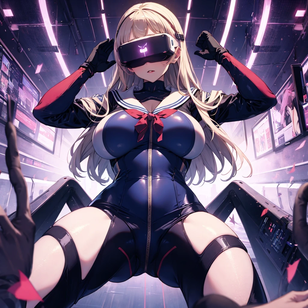 bang dream,(( pov, sailor, standing split, )), (masterpiece, best quality:1.2), mechanical cyber latex uniform, (royal bedroom background, ),(( spreading legs, head-mounted display)), (ultra detailed breast skin texture, ultra enormous gigantic breast expansion, ),