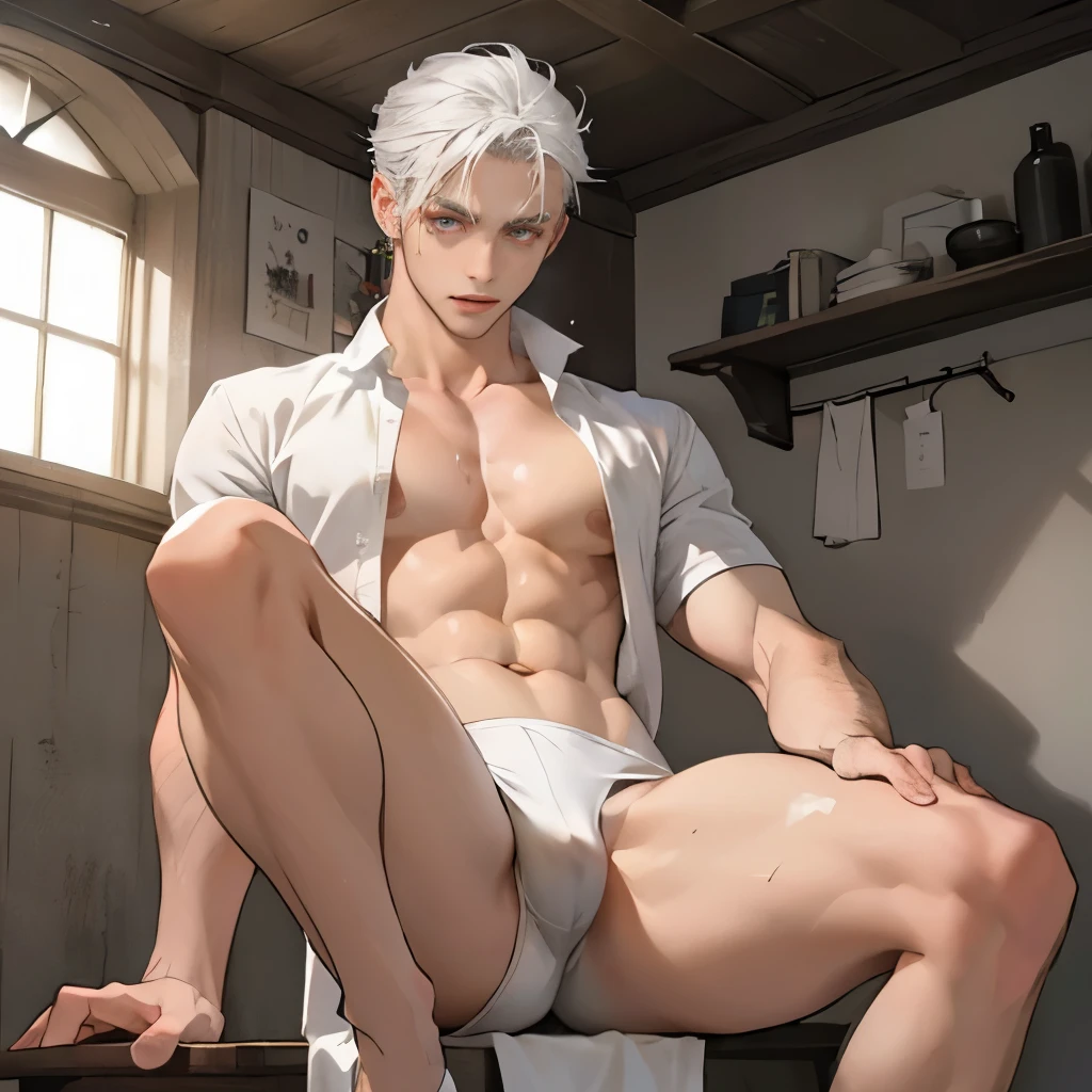 a naked demon boy , white hair , Sexy , The cleavage is very attractive , Naked,Only white thongs were worn, sweat , big , big凸起 , spread legs , Looking from the bottom up ,
