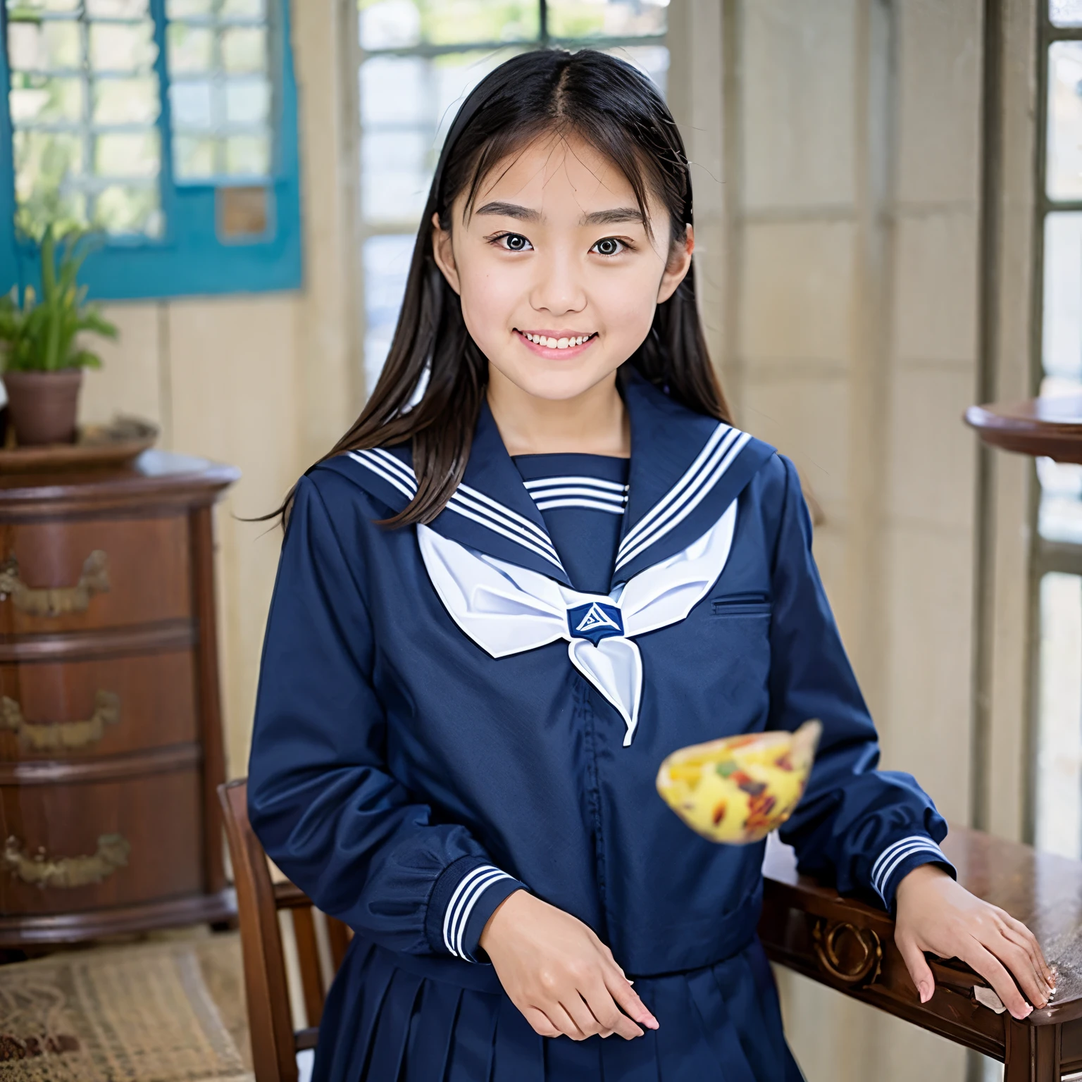 (masterpiece, highest quality:1.2), One girl, alone, Sailor suit, dark blue, Long sleeve, smile, ************