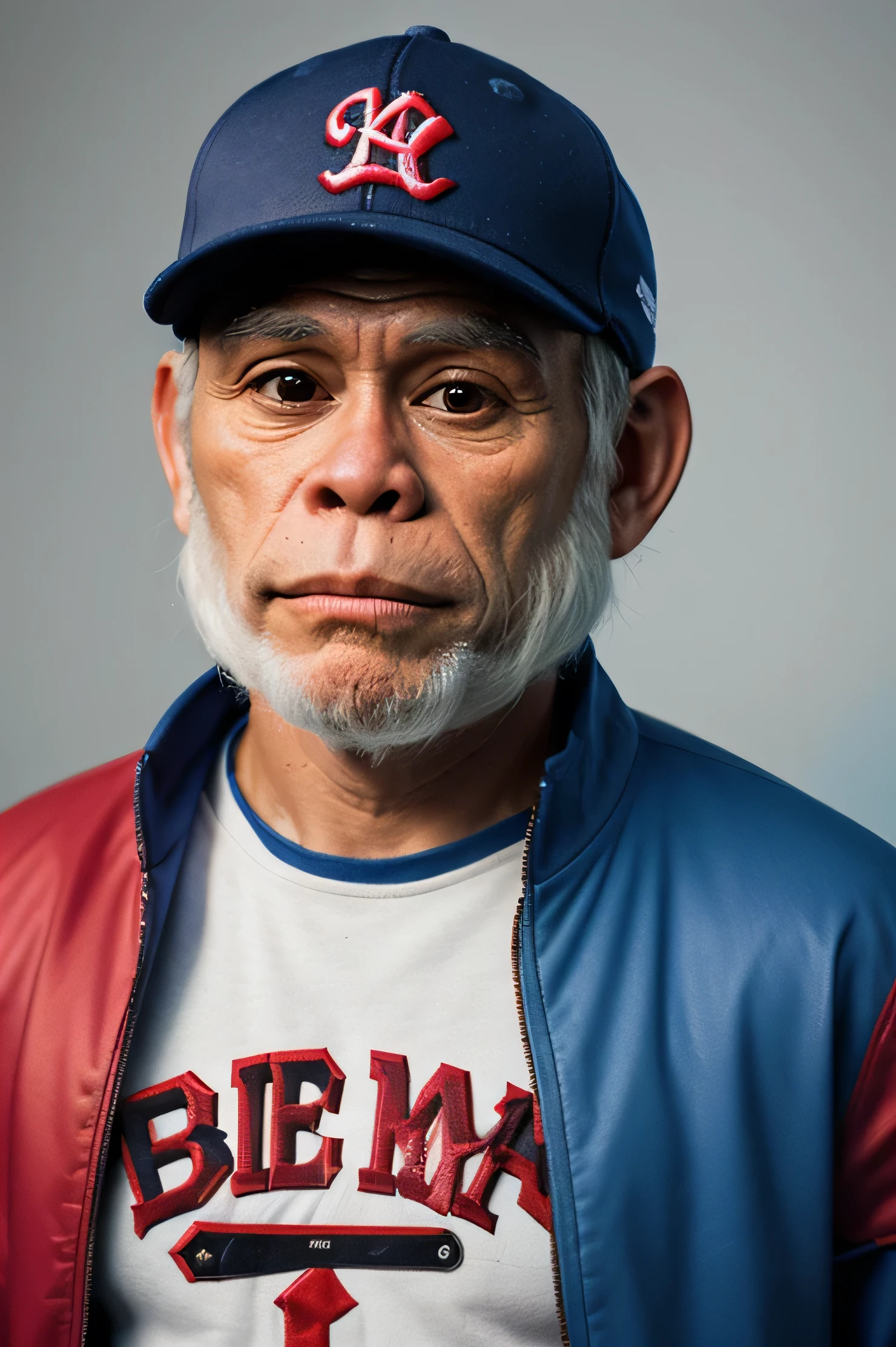 A head chimpanzee ey character with a small white beard wearing a baseball style cap in blue and red colors and a red jacket with the writing "Old Boy" in pink with white sleeves and details in blue, close-up photography, 3d art retrogamer gamer brave close