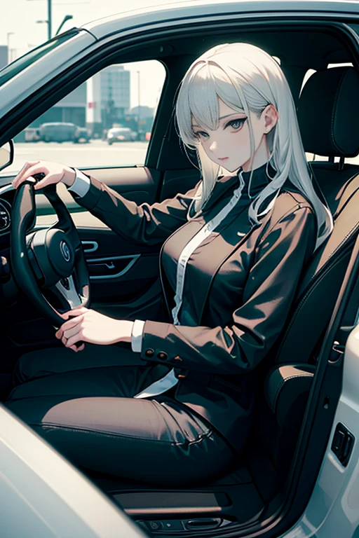 a woman sitting in a car holding a steering wheel, a stock photo by Lü Ji, featured on cg society, aestheticism, feminine, stylish, stock photo