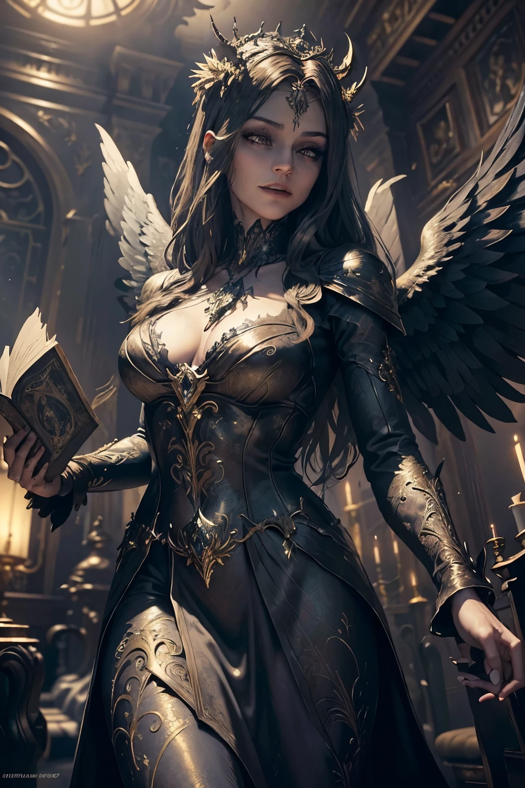 ((Best quality)), ((masterpiece)), ((realistic cartoon)), ((perfect character)):Evil,laughing, False Angel,In this stunning and highly detailed realistic cartoon. False Angel stands tall with, clad in gold,contemplating his treasure, complete with flowing garments and ornate patterns. His face is high, adding to his evil and deadly appearance. False Angel channels the power of the void. The scene is set in a thematically rich environment, filled with magical vibes, and mystical symbols that enhance the ambiance. The dark lighting, crafted with a cinematic touch, casts a spellbinding dark glow, emphasizing the evil aura surrounding the False Angel. Every element of this masterpiece is carefully designed to create a sense of realism and immersion. The intricacies of the False Angel , the mesmerizing effects of his conjurations, and the level of detail in his weathered face all contribute to a captivating visual experience. This artwork is presented in stunning UHD resolution, allowing you to appreciate every nuance and intricacy in breathtaking detail. View from below,fisheye,Eye level, scenic, masterpiece,mtg art,magic the gathering art.