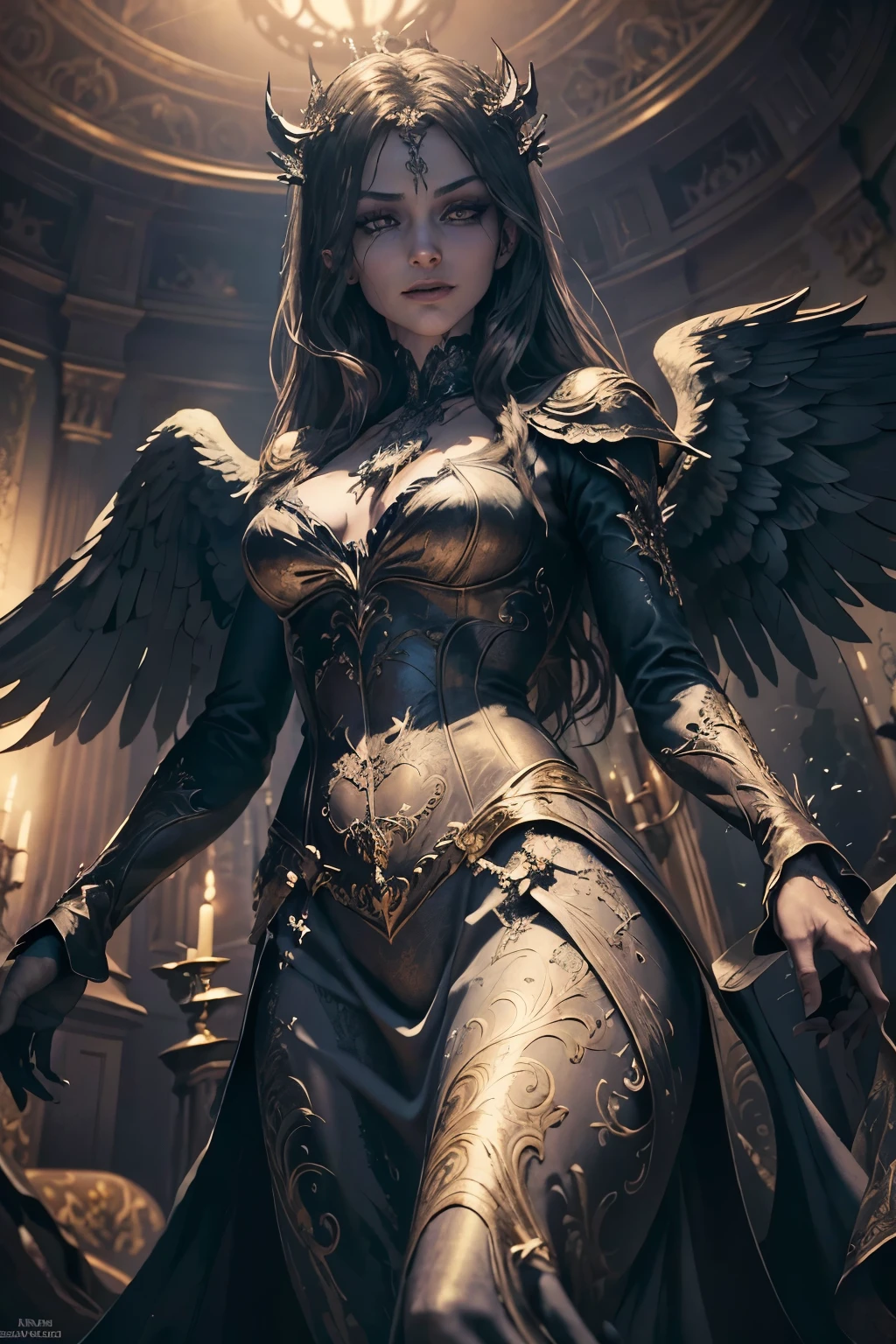 ((Best quality)), ((masterpiece)), ((realistic cartoon)), ((perfect character)):Evil,laughing, False Angel,In this stunning and highly detailed realistic cartoon. False Angel stands tall with, clad in gold,contemplating his treasure, complete with flowing garments and ornate patterns. His face is high, adding to his evil and deadly appearance. False Angel channels the power of the void. The scene is set in a thematically rich environment, filled with magical vibes, and mystical symbols that enhance the ambiance. The dark lighting, crafted with a cinematic touch, casts a spellbinding dark glow, emphasizing the evil aura surrounding the False Angel. Every element of this masterpiece is carefully designed to create a sense of realism and immersion. The intricacies of the False Angel , the mesmerizing effects of his conjurations, and the level of detail in his weathered face all contribute to a captivating visual experience. This artwork is presented in stunning UHD resolution, allowing you to appreciate every nuance and intricacy in breathtaking detail. View from below,fisheye,Eye level, scenic, masterpiece,mtg art,magic the gathering art.