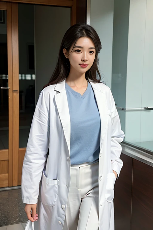 Female doctor, (Wearing a pure white lab coat:1.4)、40 years old、Beauty、Well-formed face、Matching gazes、Looking at the audienceいる、Elegant hairstyle、Brown medium hair、(Realistic), (Hyperrealism), (photoRealistic), Depth of written boundary, Cowboy Shot, (Tight waist:0.7), Looking at the audience, Walking towards here、Smiling、hospital、(Realistic), (Hyperrealism), (photoRealistic), Depth of written boundary,