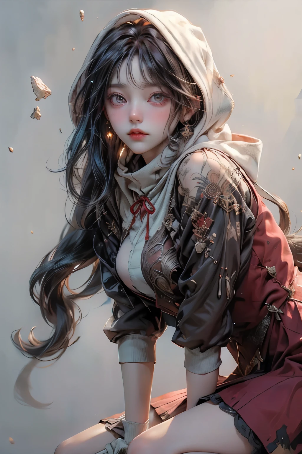 ((best quality)), ((masterpiece)), (detailed), perfect face, ((best quality)), ((masterpiece)), (detailed), perfect face(Golden ratio:1.2),(Fault color:1.3),[(White background:1.4)::10], (full bodyesbian:1.2),(Ultra-detailed:1.3), （white color background）white background, plain background, teens girl，White hair，Red glowing eyes, photorealestic,（（（Red and white trench coat））），（Red scarf)，a black pleated skirt，black t-shirts，longer sleeves，（（With a hood）），side-lighting, NSFW, Depicting female characters from ethereal anime in a high-quality anime art style，，，8K，Red and white shoes with a sense of technology，(chaotic geometric images:1.3),(nagative space:0.8), (ether colorful ink flowing:1.3), a knight, white background, plain background, Bloodborne inspired, tatty Bloodborne attire, occult aesthetic, occult, tatty red and white clothing detailed and intricate steampunk and detailed gothic lolita (with a hood), long coat, Complex laced boots, Fluttering lace flared long knee length dress with frilly petticoats, long dress, knee length dress, pleated petticoats, lolita dress, petticoats gothic lolita, beautiful small breasts, (((( Highly detailed face))), small thin nose, Small thin lips mouth, (((Very sharp focused eyes))), Very large slit precision pale grey eyes that shine like jewels. very long eyelashes, Silver hair swaying in the wind, Emitting a dazzling light in a mandala pattern, white background, Very dramatic and cinematic lighting, tatty damaged old red and white clothing, full body, whole body, body, cosmic horror, grim dark