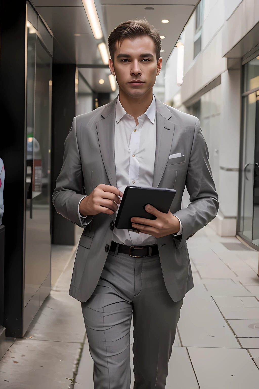 Stylish look with formal dress male and grey hair, business suit with laptop bag , feeling rush