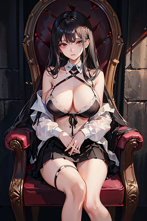 25 year old girl, Italian features, long loose black hair, super mega gigantic breasts, white shirt untied and torn open, black lace bra, black miniskirt, in a dungeon, tied to a horror movie torture chair, her arms are tied on the armrests of the chair, she wears a slave collar