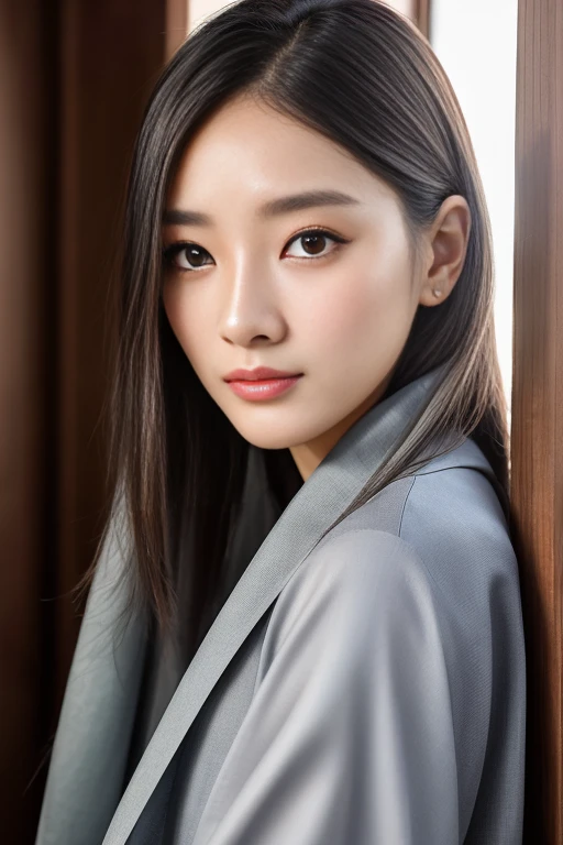 top-quality、​masterpiece、Photorealsitic、japanes、full body Esbian、bustup、photo of a Young korean girl、model shoot tyle、grey haired、shorth hair、straight haired、Look at viewers、Detailed pupils、natural soft light、Enchanting、 film grains、degrees of freedom、bokeh dof、Beautiful face、super-detaild skin、Perfect glowing eyes、skin pore、Soft hair、Muscle tension and definition、Stitching of the fabric、Fabric texture、Wood grain、Stone Texture、Well-defined pupils、Prominent marginal rings、 High contrast eyes