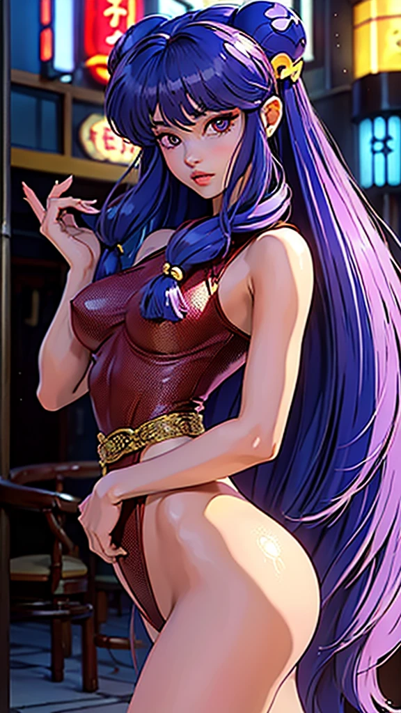 Shampoo de ranma 1/2 anime, ropa china clasica muy sexy y provocativa, guerrera de la tribu amazonas chinas, poderosa, heroin, cuerpo muy delgado, skinny body, small and beautiful breasts, small and beautiful buttocks, very bright and wavy dyed purple hair long to the waist, peinado clasico del anime, beautiful detailed eyes, beautiful detailed lips, extremely detailed eyes and face, long eyelashes, 1girl, sensual pose, provocative clothing, realistic, japan city background, intricate details, vibrant colors, dramatic lighting, cinematic composition, photorealistic, award winning illustration, masterpiece