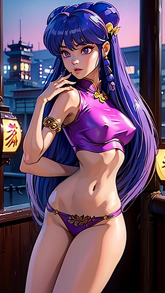 Shampoo de ranma 1/2 anime, ropa china clasica muy sexy y provocativa, guerrera de la tribu amazonas chinas, poderosa, heroin, cuerpo muy delgado, skinny body, small and beautiful breasts, small and beautiful buttocks, very bright and wavy dyed purple hair long to the waist, peinado clasico del anime, beautiful detailed eyes, beautiful detailed lips, extremely detailed eyes and face, long eyelashes, 1girl, sensual pose, provocative clothing, realistic, japan city background, intricate details, vibrant colors, dramatic lighting, cinematic composition, photorealistic, award winning illustration, masterpiece