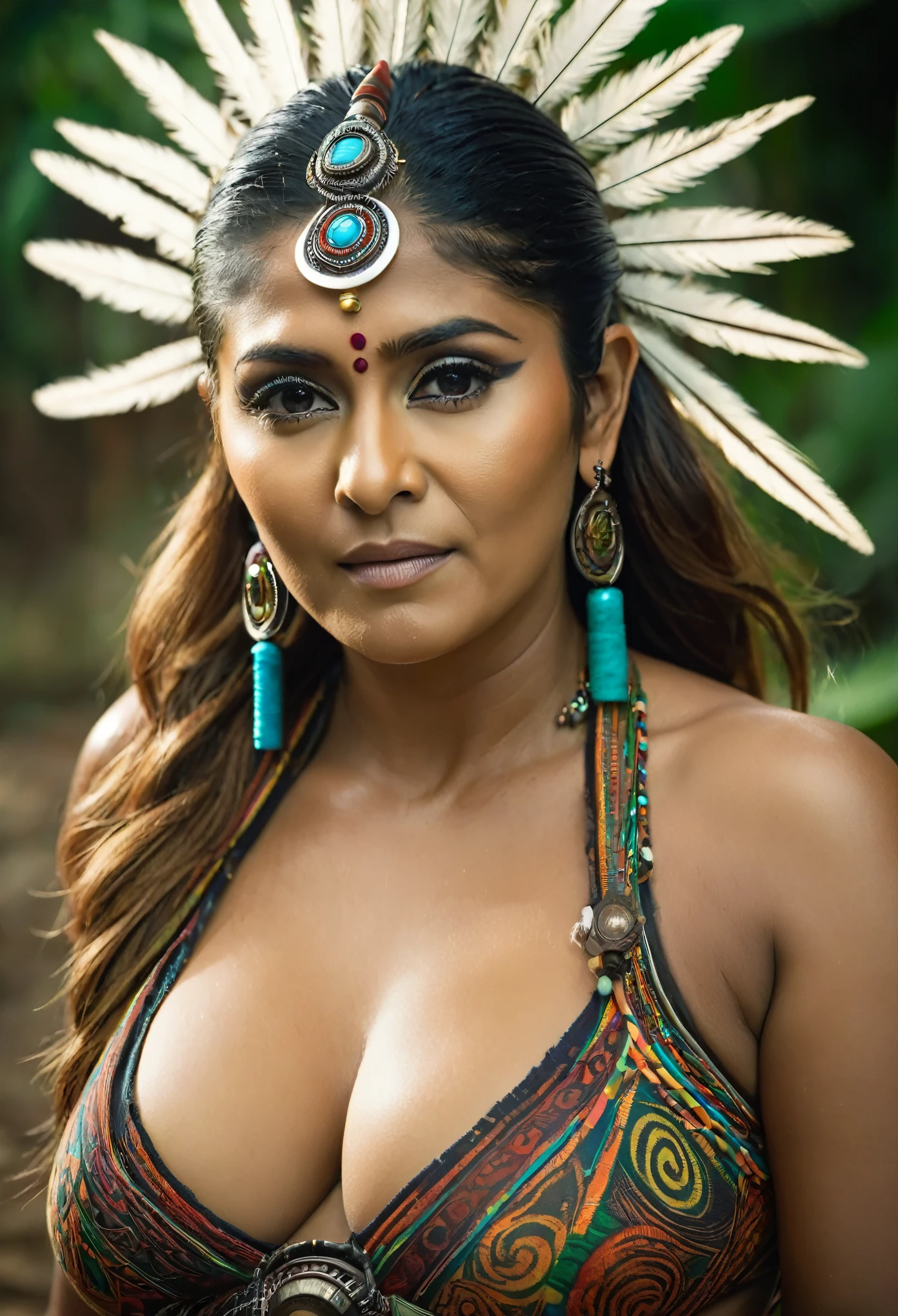 Foto RAW, skin glistening by sweat, looks like Nayanthara, thick figure, curvy, milf, 50 years old Woman, tattoo in the middle of her breast, with realistic Indian headdress , tribal girl, stunning looks, tribal headdress, tattoos, colourful tribal tattoos, tribal white girl, Polynesian tribe, best quality , best cinematic colour grading, detailed lighting,  high resolution  , (pele altamente detalhada: 1.2), 8k UHD, DSLR, soft-lighting, alta qualidade, grain of film, Fujifilm XT3, highly detailed armpits, armpits hair,  fully naked, nipples covered by hai, skin pores, skin texture, high quality skin, 