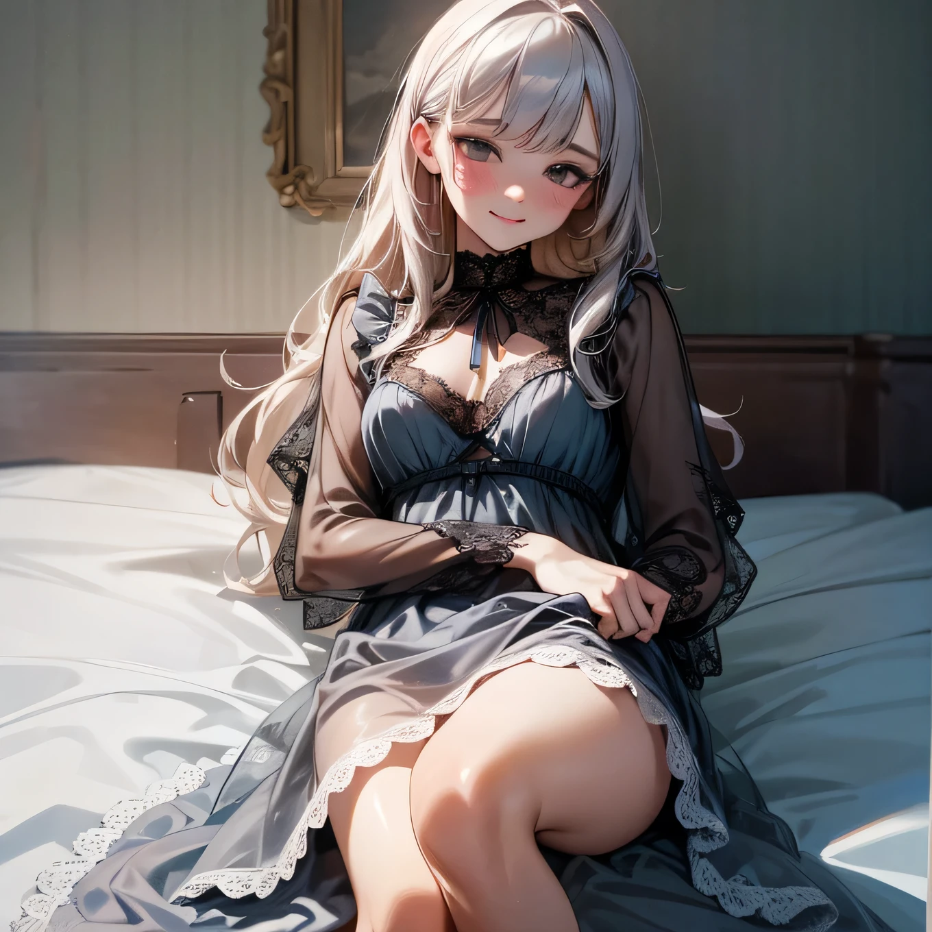 (best quality, masterpiece, ultra detailed, ultra high res, photorealistic, raw photo, absurdres, absolutely resolution:1.0), see-through, babydoll trimmed with lace, naughty face, spread her pussy, french twist hair,