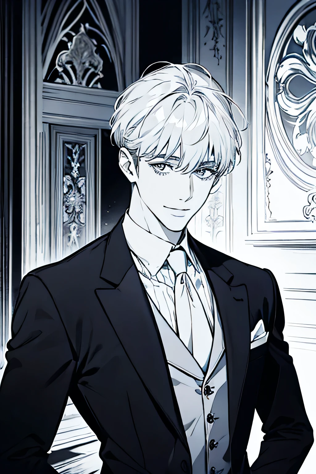 Beautiful man,suit,gentle smile,Age 25,bangs