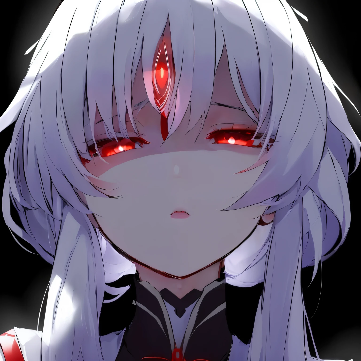 anime girl with long white hair and red eyes staring at the camera, with red glowing eyes, with glowing red eyes, luminous red eyes, with glowing eyes, red eyes glowing, glowing red eyes, red glowing eyes, with a red halo over her head, white haired deity, fully red eyes, with red eyes, glowing eyes everywhere, intense watery glowing red eyes