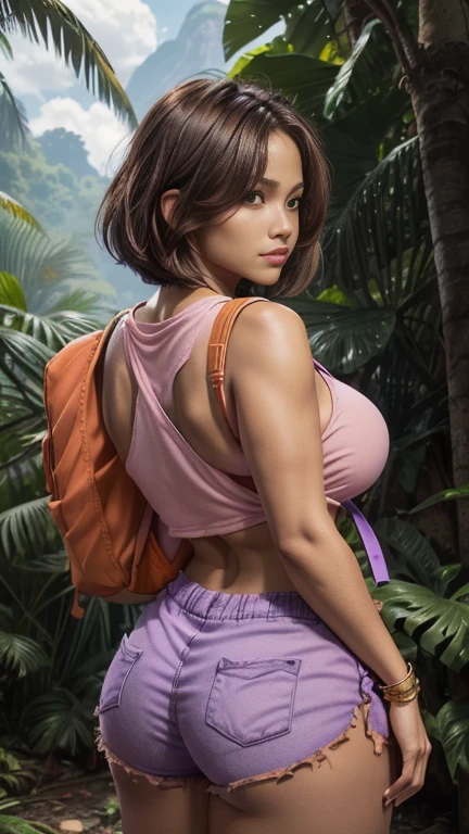 (masterpiece), best quality, expressive eyes, perfect face, (Maya Ruins deep in jungle with waterfall background), (walking), (smirk), (1girl, Jenna Ortega face, Latina, dark skin, tanned skin, brown hair, short hair with bangs, bob hairstyle, brown eyes, hourglass figure, skinny body, large breasts, huge breasts, oppai, wide hips, big butt, thick thighs), (loose fit v-neck pink shirt, croptop, short sleeve, torn orange short shorts, backpack on back with sholder straps, gold bracelet), bmb-fc,