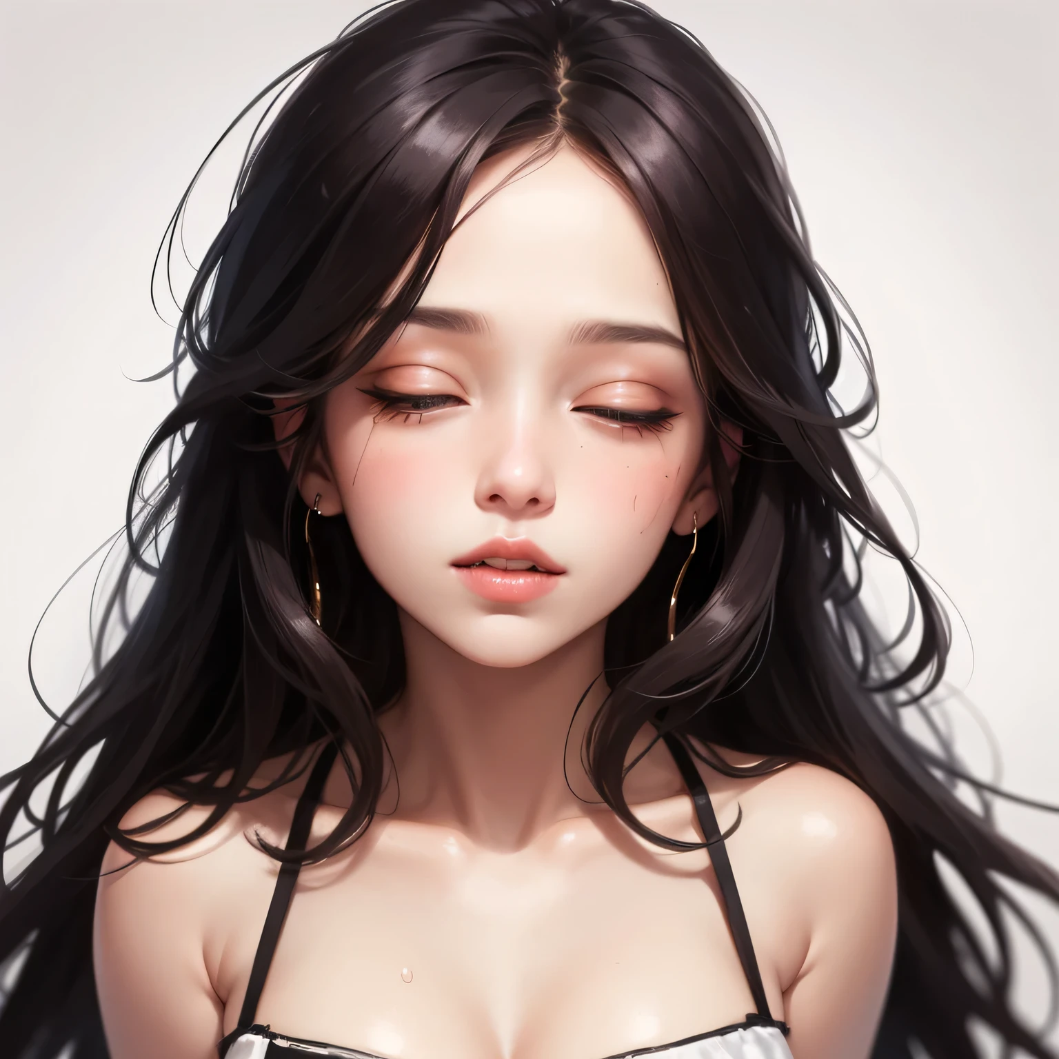 Amazing portrait of a sexy woman who is pinned to the bed with both the arms to the sides of her head with a beautiful face and messy hair spread across the bed with a lustful and playful look on her face her eyes seductive and her lips parted in a coy smile wearing a double toned t shirt that exposed a bare shoulder and cleavage as she's sweaty and panting