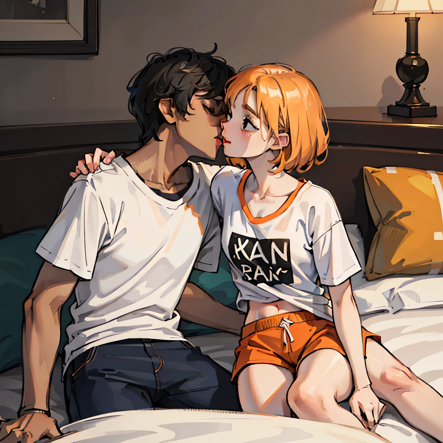 Amazing portrait of a young woman wearing white and orange striped t shirt and orange shorts and young boy wearing a navy blue t shirt and black shorts sitting on a bed together and kissing and making out passionately in a sexy and hot and lustful setting