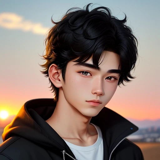 20-year-old boy. Detailed face, Detailed eyes, double eyelid, cute, warm vibes, Handsome-cool-warm-cute-goodboy with black hair. With sunset