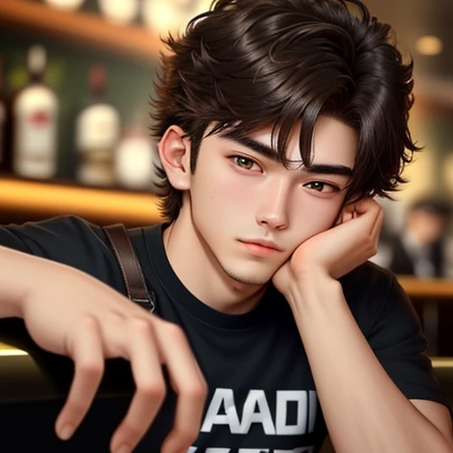 20-year-old boy. Detailed face, Detailed cat eyes, double eyelid, cute, warm vibes, Handsome-cool-warm-baddas-cute-badboy with brown coma hair. At the bar