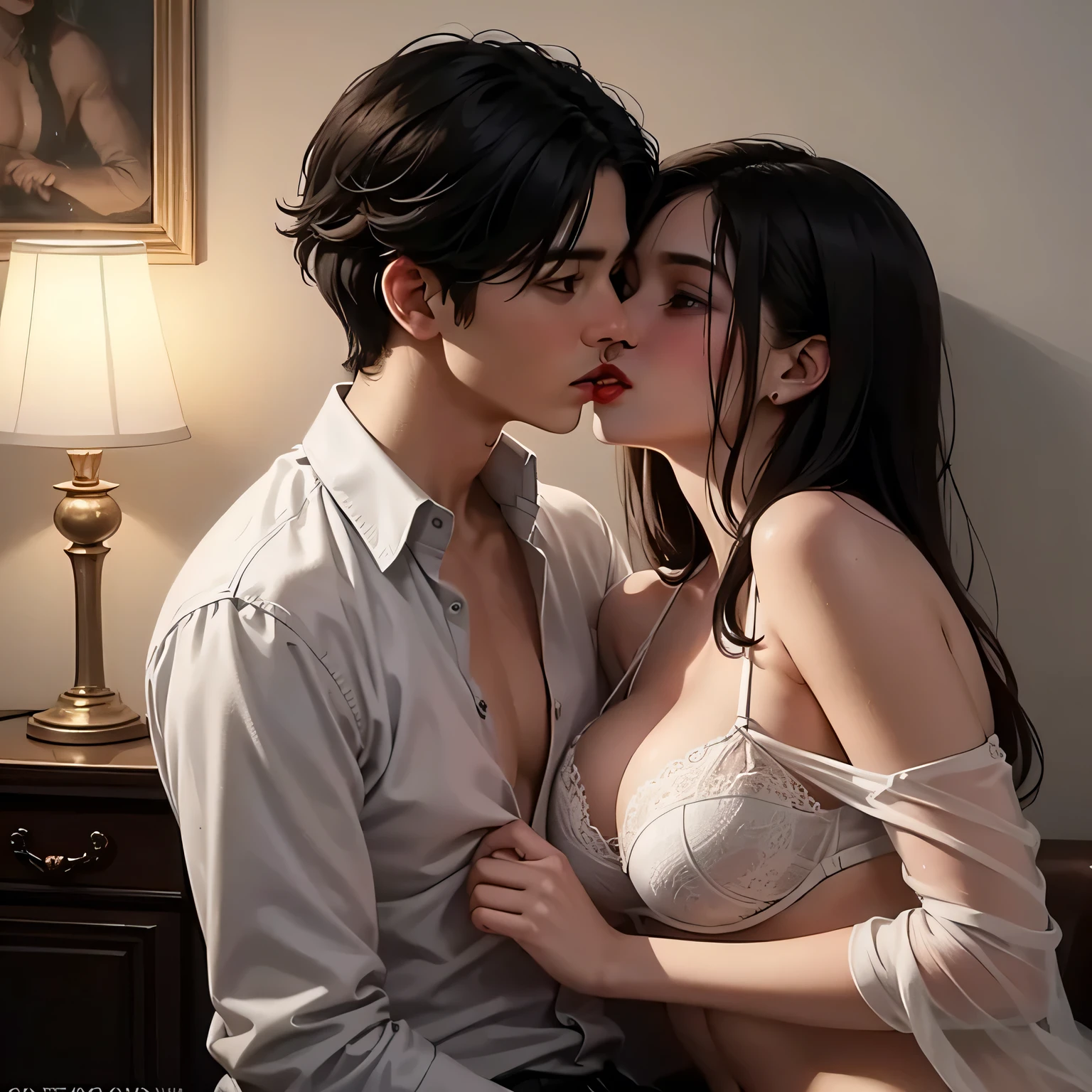 Amazing portrait of a sexy woman kissing and making out with a shirtless boy with her glossy red lips while wearing a sheer white shirt that reveals the red lacy lingerie that she's wearing underneath the shirt in a dimly lit room with one lamp giving off warm lighting