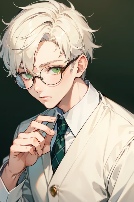 ((Masterpiece, Highest Quality)), Detailed Face, 1boy, young boy, white sweater, green eyes, (((Top Quality))), Short hair, Shaved whiskey,Spits, white colored hair, Stylish glasses