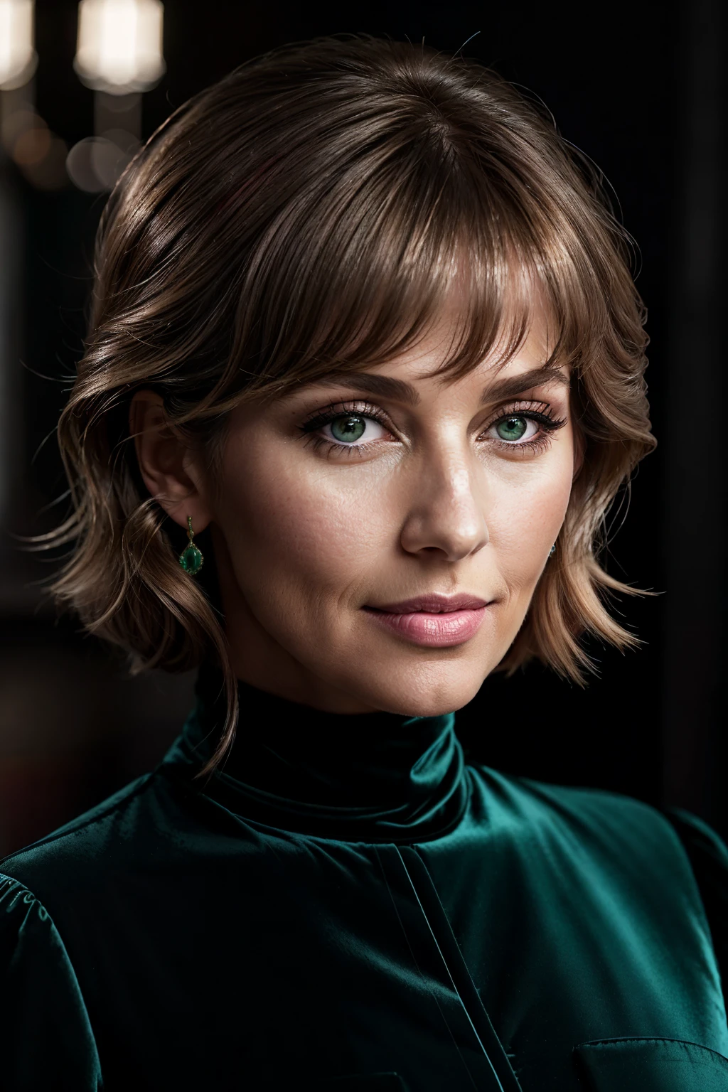Close-up, high resolution 4K portrait of a captivating 50-year-old woman, Spanish (Rubia) with luscious carmine lips, emerald green eyes, a slightly upturned nose, and a delicate, refined face. The setting is a dimly lit room with a dress as the central focus, the velvet fabric shimmering under cinematic light. The side lighting playing off her exquisite features, creating an intricate interplay of shadow and light. Her dress, a harmonious blend of elegance and sensuality, reveals a subtle full-bodied figure in a tasteful yet provocative way. The photograph, captured in the R