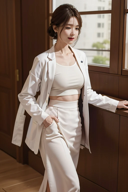 Female doctor, (Wearing a pure white lab coat:1.4)、40 years old、Beauty、Well-formed face、Matching gazes、Looking at the audienceいる、Elegant hairstyle、Brown medium hair、(Realistic), (Hyperrealism), (photoRealistic), Depth of written boundary, Cowboy Shot, (Tight waist:0.7), Looking at the audience, Walking towards here、Long skirt、Black pencil skirt、Smiling、hospital、(Realistic), (Hyperrealism), (photoRealistic), Depth of written boundary, 