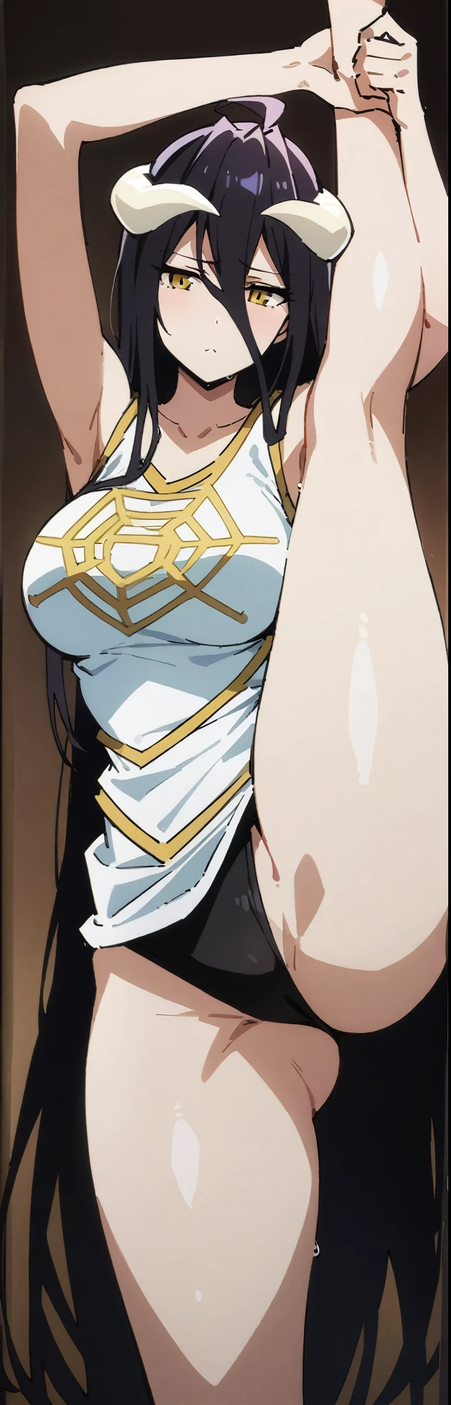 (masterpiece, best quality:1.2), 1girl, solo,standing_split, close to viewer,
albedo (overlord), horns, sleeveless clothing,Sleeveless shirt, Unzip the jacket, detail_face, eyeslashes, shinny hair