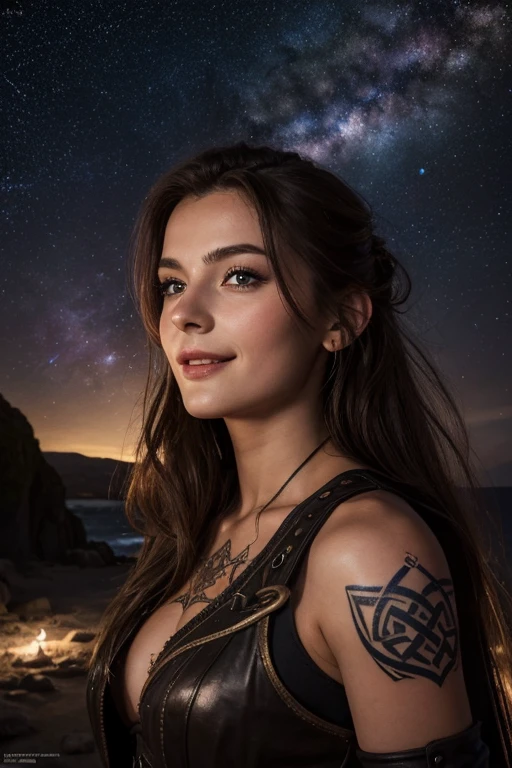 Jeune femme de 25 ans, visage fin, cheveux long, cheveux arc-en-ciel, yeux marrons, HD, 8K, masterpiece, sourire romantique, sexy, metal lingery, guerrière viking, celtic tattoo, at night, aurore boreale, milky way