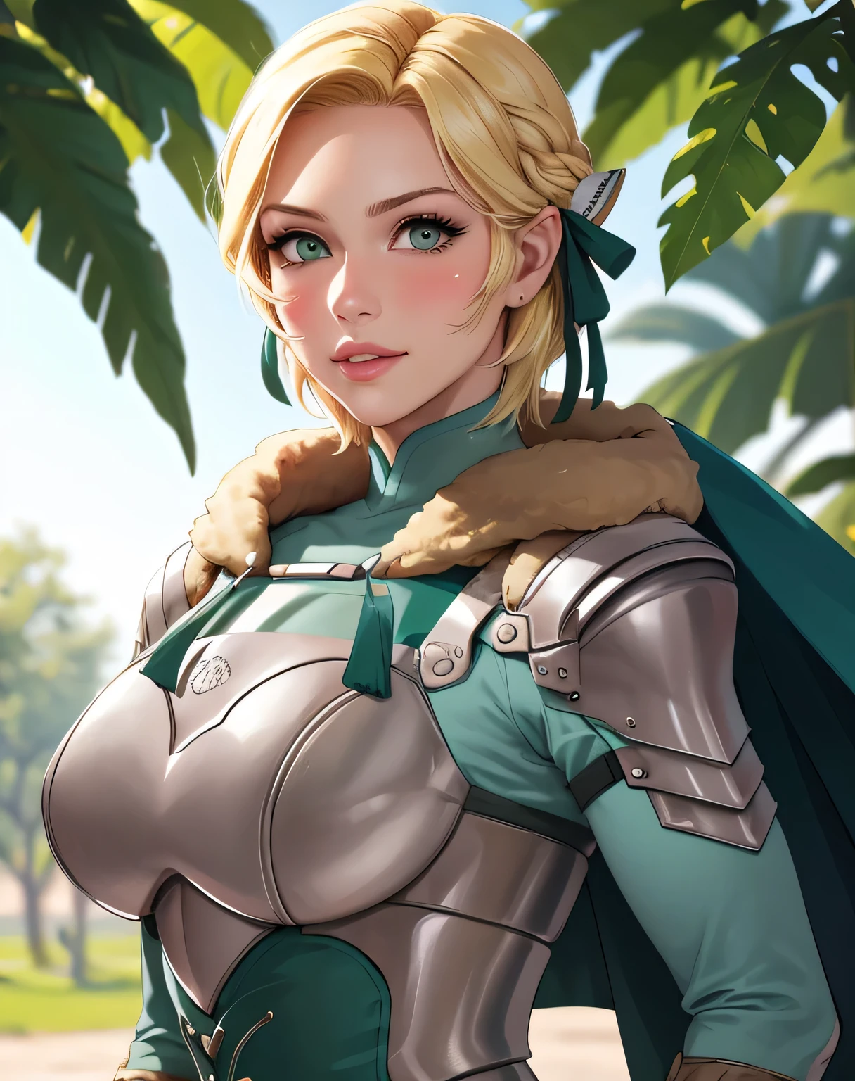 warIngrid, short hair, hair ribbons, shoulder armor, armor, breastplate, underbust, green coat, fur trim, vambraces, blue gloves, green cape, (masterpiece, best quality, ultra-detailed), realistic style, very close up shot 2.0, garden 2.0, looking at viewer 2.0, blushing, face shot 2.0, perfect eyes, cute nose, very sexy smile 2.0, very luscious lips 2.0, face shot 2.0, very heavy eyeshadow 2.0, very heavy makeup 2.0, round face, very thick lips 2.0, very glossy lips 2.0, very pouty lips 2.0, shiny skin, lustrous skin 2.0, incredibly pretty 2.0, incredibly beautiful 2.0, very athletic 2.0, beefcake 2.0, bodybuilder 2.0, fitness model 2.0, very sexy 2.0, incredibly muscular 2.0, muscle mommy 2.0