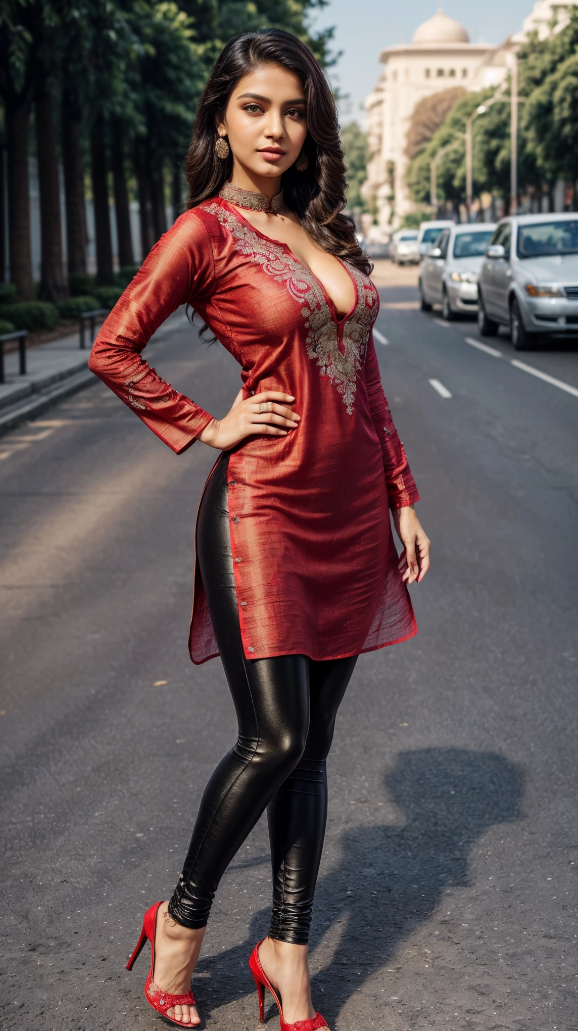 ((girl outdoor, luxurious outdoor city, luxurious place,),
(((Full body shot))), ((Indian babe)), (wide standing position), (looking at viewers, front view shots, wide angle view), (masterpiece, hyper_realistic, hyper_detailed, photorealists, photo_realism), 20 years old lady, 16k, FHD, UHD, high quality pictures, extremely detailed, candid brightness, candid shots, (iconic picture shot, perfect brightness, perfect contrast, perfect colour), (pretty face, iconic face), (detailed face, detailed eye, detailed lips, detailed neck, ultra realistic face, ultra realistic eye, ultra realistic lips), (attractive hair style, hair style), (sagging perky breasts, perfect rounded breasts, attractive breasts, perfect breasts shape), (attractive body figure, perfect body figure, perfect figure, curvy_figure, hourglass_figure), (embroidery High heels, fancy high heels, iconic heels),
(((Masterpiece A-line kurta, luxurious kurta, iconic kurta), fancy A-line kurta), (embroidery red kurta), red iconic kurta, ruffled kurta, flared kurta, fancy kurta, long skinny sleeves, fancy neck kurta, fancy leggings, black leggings). , ,