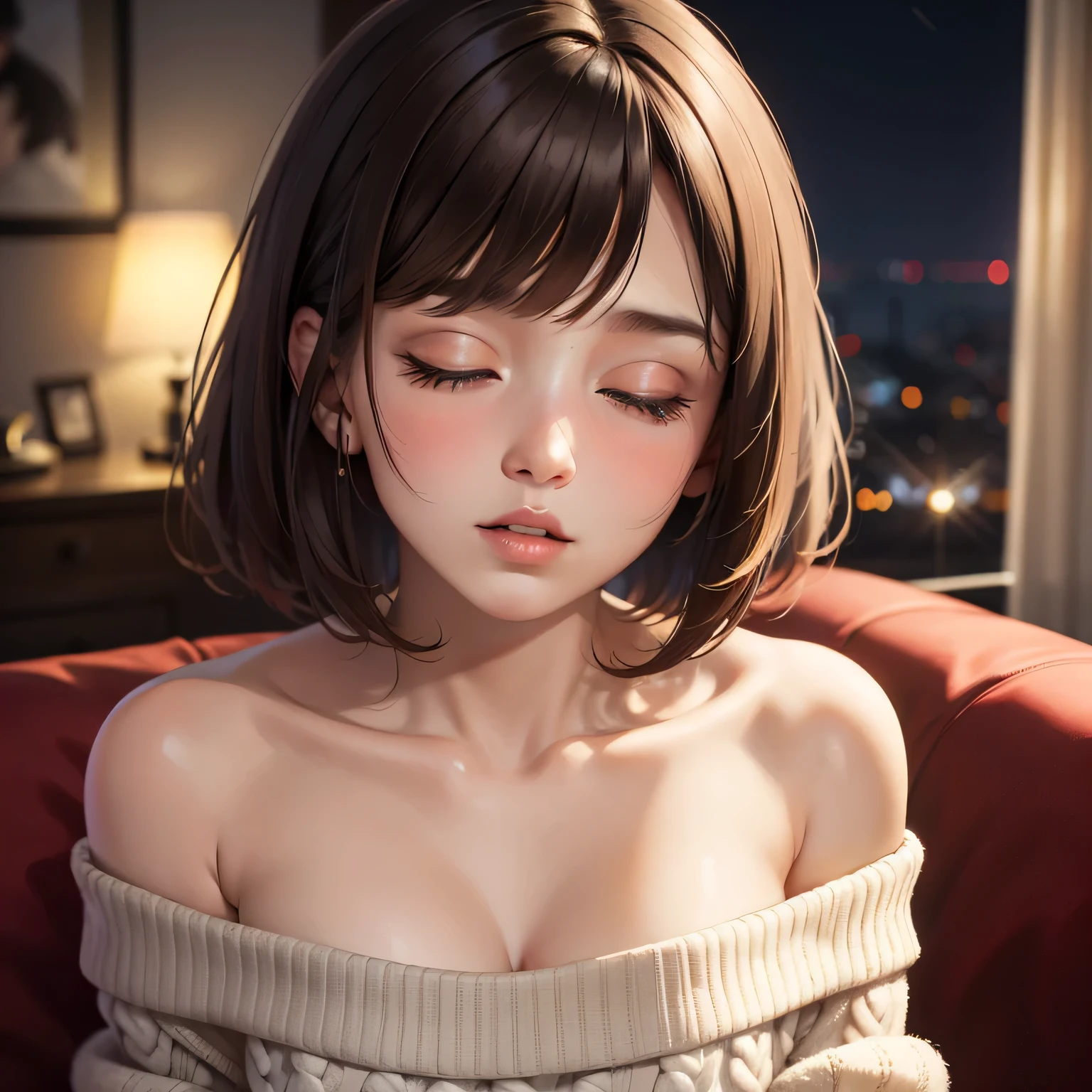 Amazing portrait of a sexy and cute woman who is your best friend's sister who is alone at her  home having a late night gaming session with her brown hair in a short bob style with soft eyes and parted lips with a deep blush wearing an off shoulder oversized grey sweater sitting on a  couch during night time and it's raining outside with warm lighting inside