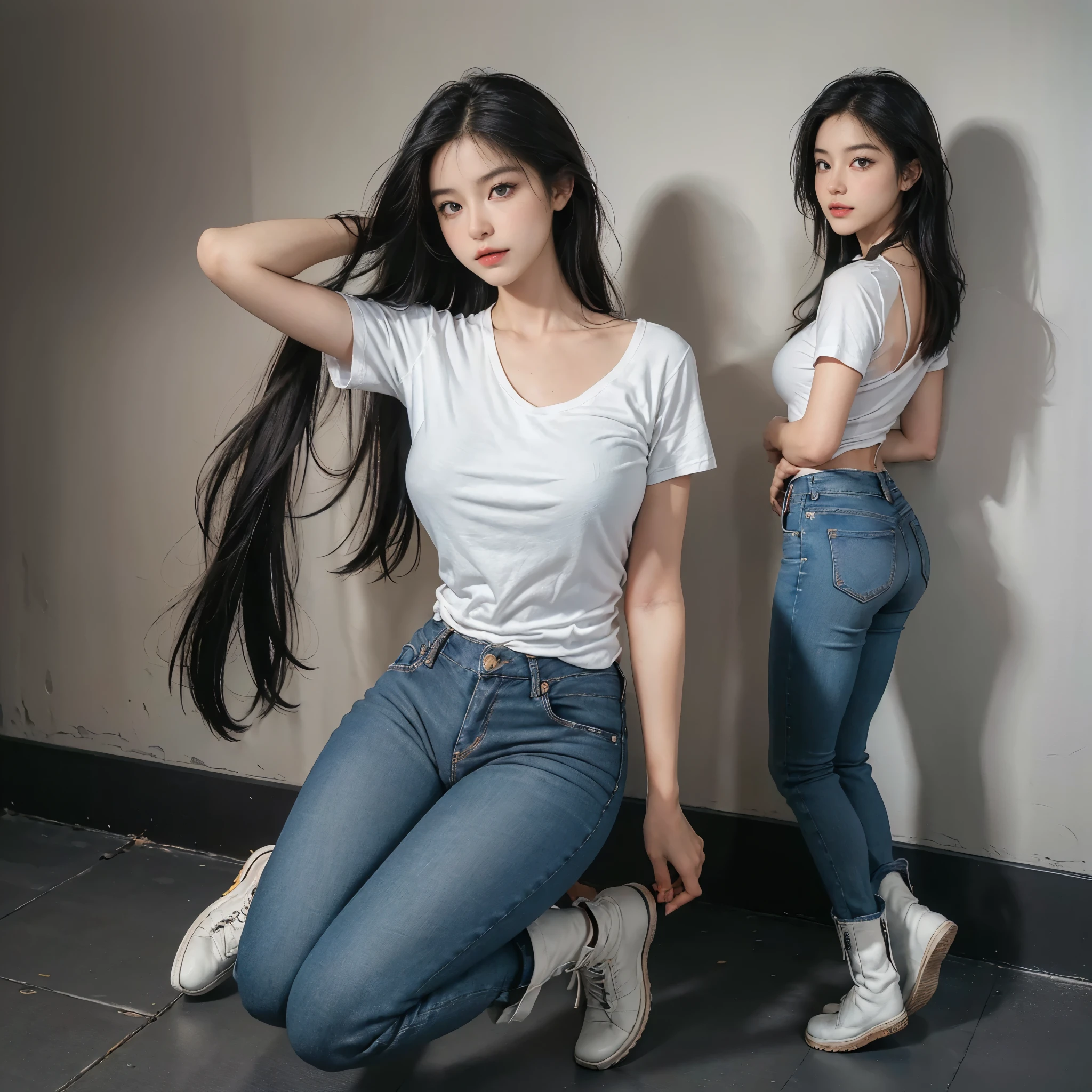 ((push-up bra), (Sharp eyeliner, eye shadows, Detailed eyes:1.1),(, (, Gigantic well-rounded large breasts breasts :1.3) , oversized chest, large bust, detailded face, (in the darkness night),,it gives off a strange orange color、Neon colors and other bright light effects。Her very long black hair is tucked up in both hands、Her long black hair blooms like a flower garden、,The people in the photo are separated from each other. night image, White short-sleeved T-shirt, Toe of the boot, Top with exposed arms. Matching white boot, long jeans plain jeans or non-distressed jeans, white sneakers, The shirt covers the back the pants, white t-shirt,, shirt large, hands clasped tightly reveal only the palm, (she wear Clad in long jeans and a white t-shirt , a pair of white leather boots), highly detailed boots, military combat boots, lace-up boots, rugged boots, worn boots, scuffed boots, boots with metal buckles, boots with thick soles, boots with treads, boots in the mud, boots on a dusty road, boots in a forest), (best quality,4k,8k,highres,masterpiece:1.4),ultra-detailed,(realistic,photorealistic,photo-realistic:1.4),HDR,UHD,ultra-fine painting,sharp focus,physically-based rendering,extreme detail description,professional,long jeans,(Expose cleavage), night, Whole body, Long legs,, A pretty girl with perfect figure , blue jeans, high jeans, her stunning physique is accentuated, drawing the viewer's attention to her natural beauty and allure, Short-sleeved shirt, White short-sleeved T-shirt, Toe of the boot, Top with exposed arms, Matching white boot, people standing far apart, long jeans plain jeans, white sneakers, The shirt covers the back the pants, white t-shirt,, shirt large, hands clasped tightly reveal only the palm, scoop-neck shirt , Raw,Practical,sit), , , (natural abs), (full body:1.4), (collarbone:1.2), (ultra detailed skin:1.4), (back profile pose:1.5), (face looking at viewer:1.5), (perfect hands:1), (moon light), (sky night), (beach night), (full body:1.5),
