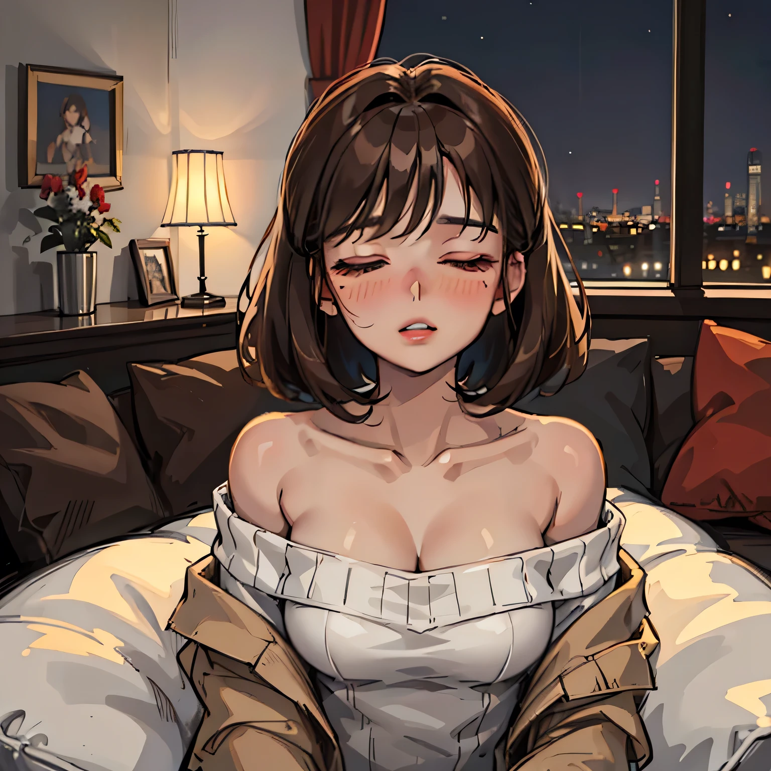 Amazing portrait of a sexy and cute woman who is your best friend's sister who is alone at her home having a late night gaming session with her brown hair in a short bob style with soft eyes and parted lips with a deep blush wearing an off shoulder oversized grey sweater sitting on a couch during night time and it's raining outside with warm lighting inside