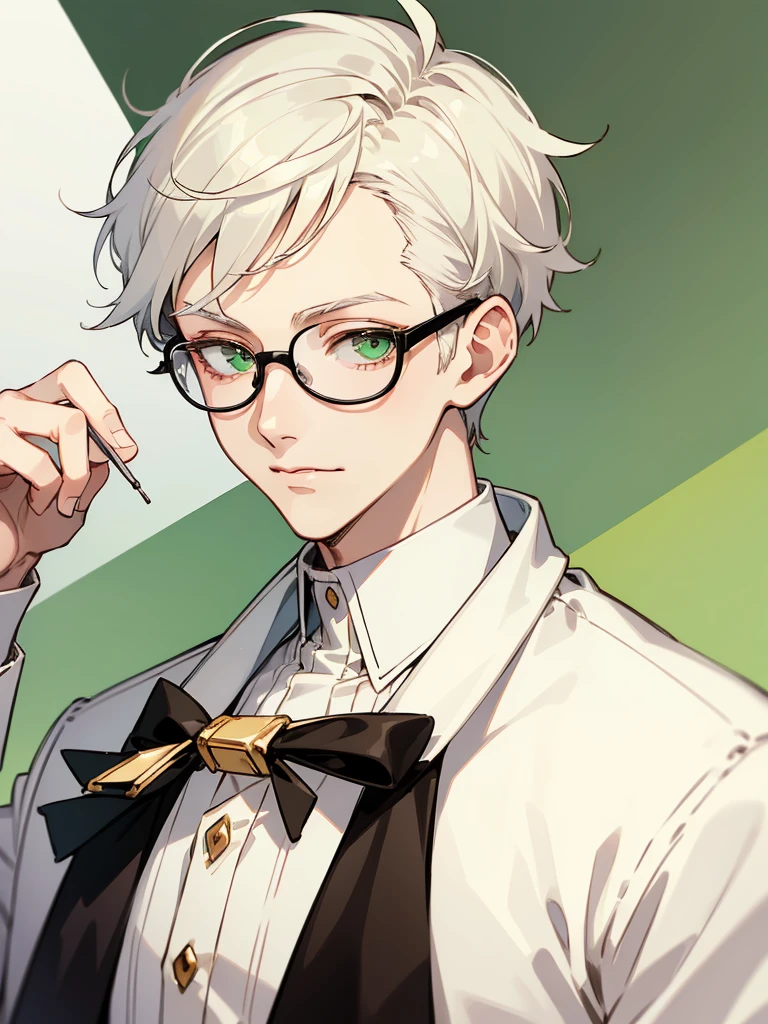 ((Masterpiece, Highest Quality)), Detailed Face, 1boy, young boy, white sweater, green eyes, (((Top Quality))), Short hair, Shaved whiskey,Spits, white colored hair, Stylish glasses, soft smile 
