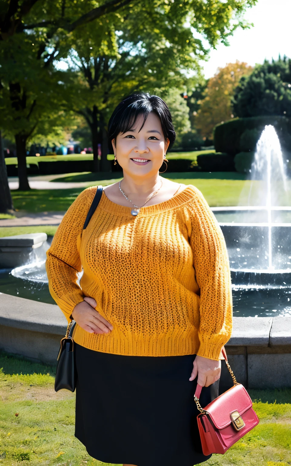 A woman standing in front of a fountain in the park waiting for me..She has her hands behind her back and is holding a handbag, A woman wearing a brightly colored knitted sweater and skirt, Natural wrinkles. Wrinkles around the eyes, highest quality, mature and plump body, 55 years old, A charming smile, Chubby women, lure.View Viewer, Black Hair,Perfect Fingers, Photo from the waist up