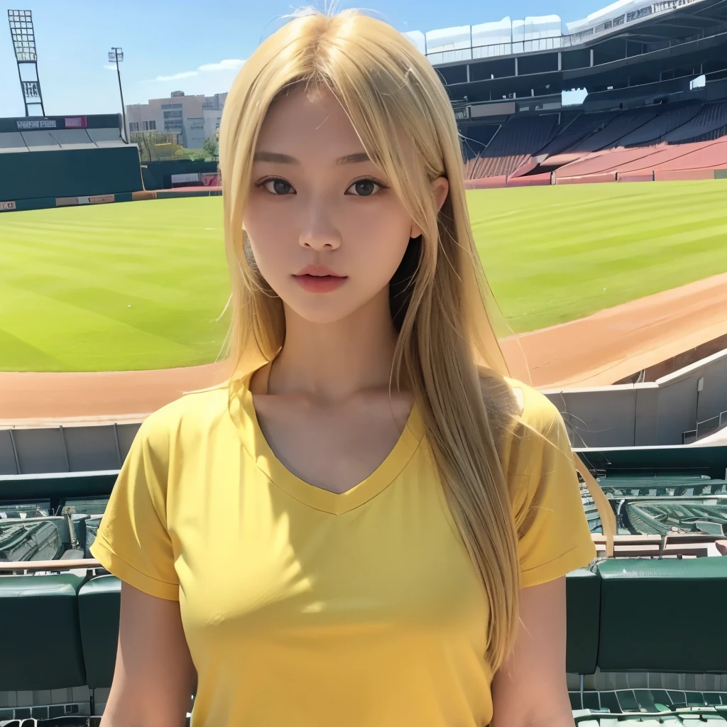 masterpiece, best quality, perfect anatomy, Japanese female, blonde hair, (flat chest:1.4), yellow T-shirt, at baseball stadium