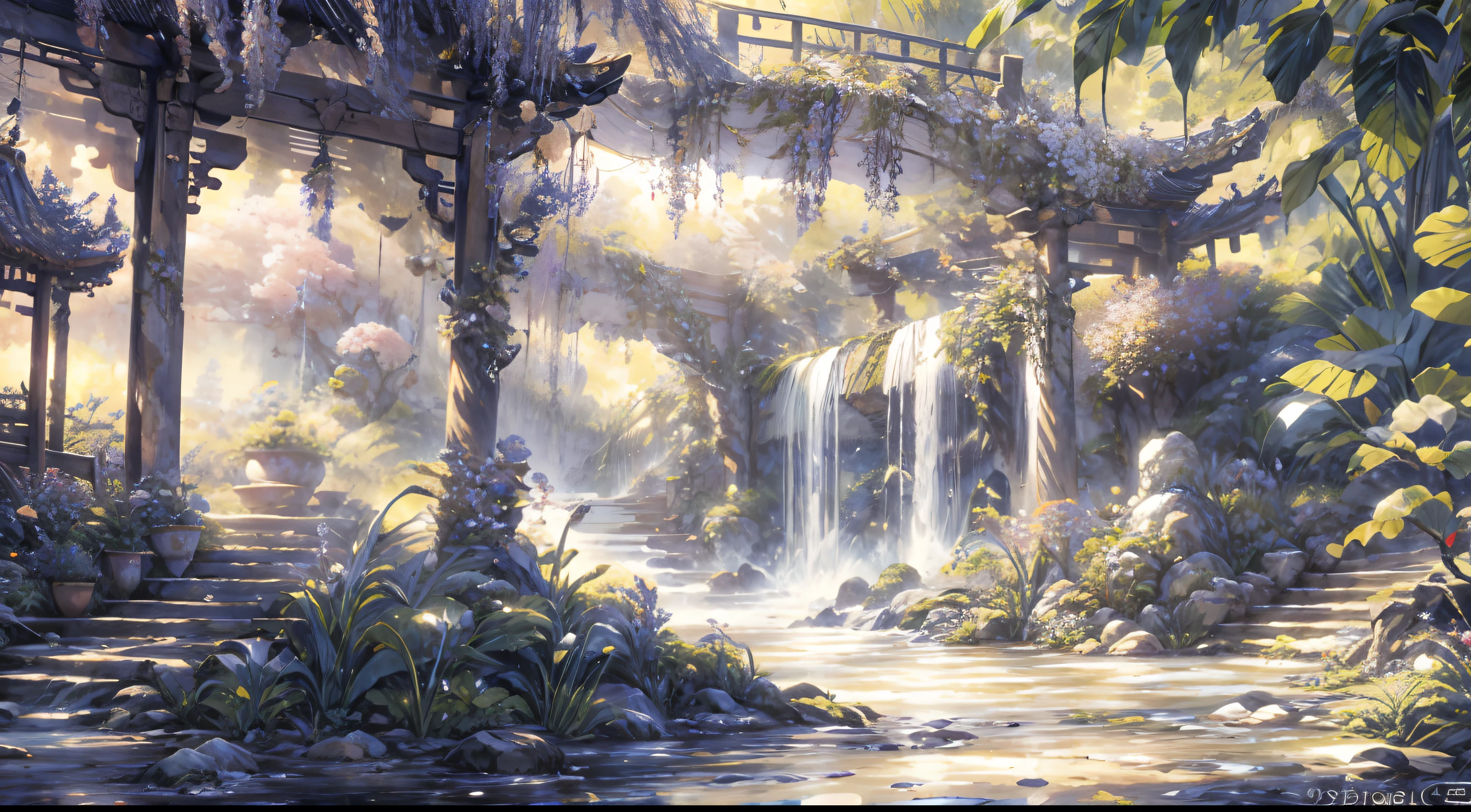 Drawing gardens with waterfalls and bridges, Floral environment, Anime landscape concept art, Anime wallpaper art, Magical environment, Background art, Landscape artwork, Fantasy magical plants, Imaginative pictorial style, Whimsical fantasy landscape art, In the flowering greenhouse, Beautiful environment, Dreamy and detailed, Highly detailed digital panel, Jungle environment in art nouveau style, Great Flower Temple，Chinese style elements，Osmanthus tree，