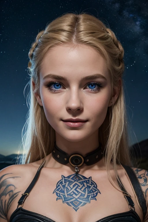 Jeune femme de 25 ans, visage fin, cheveux long, cheveux blonds, yeux bleus, HD, 8K, masterpiece, sourire romantique, sexy, metal lingery, guerrière viking, celtic tattoo, at night, aurore boreale, milky way