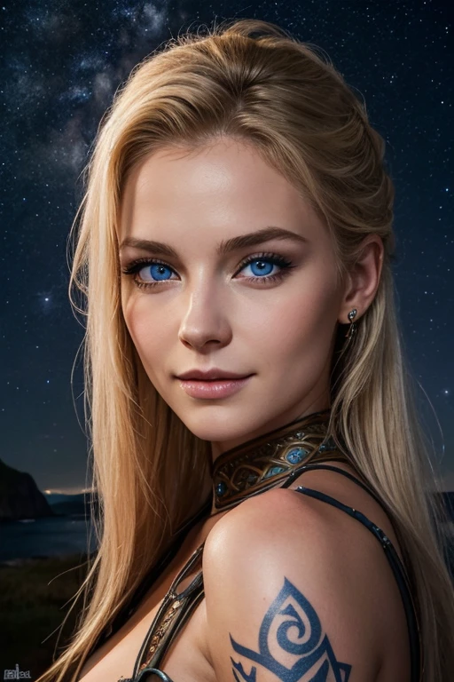 Jeune femme de 25 ans, visage fin, cheveux long, cheveux blonds, yeux bleus, HD, 8K, masterpiece, sourire romantique, sexy, metal lingery, guerrière viking, celtic tattoo, at night, aurore boreale, milky way